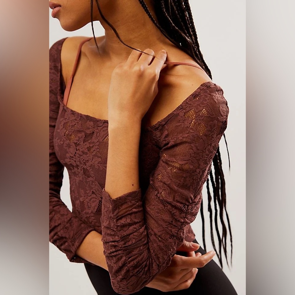 NWOT Free People Brown In Rotation Sheer Lace Layering Ruched Top Small - Picture 2 of 10